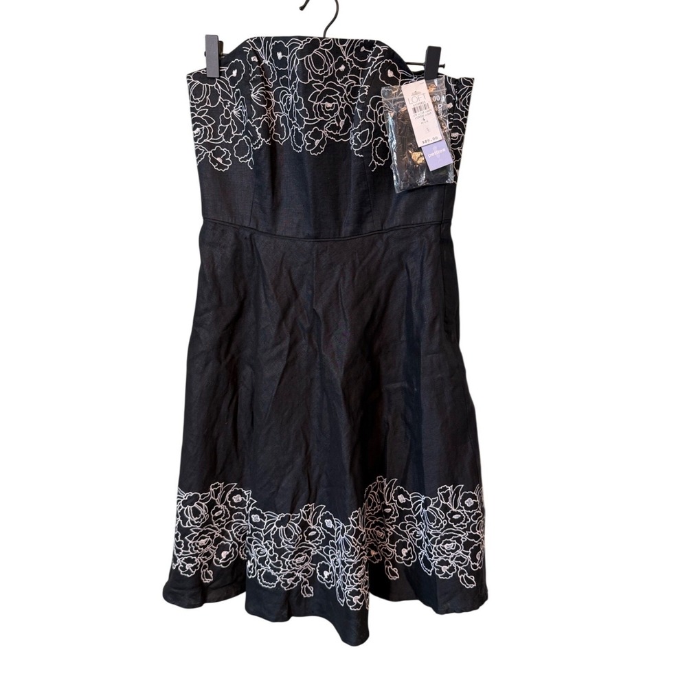 Ann Taylor Loft Dress Womens 4P Black Floral Embroidered Strapless Linen Petite